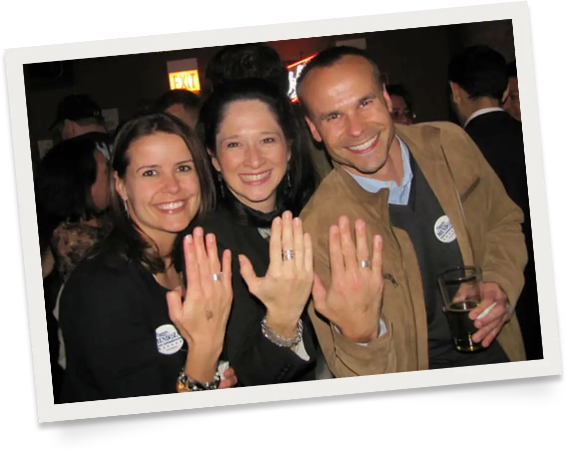 photo of Susana Mendoza, David Szostak, and family friend each displaying a hand wearing a similar "family ring"